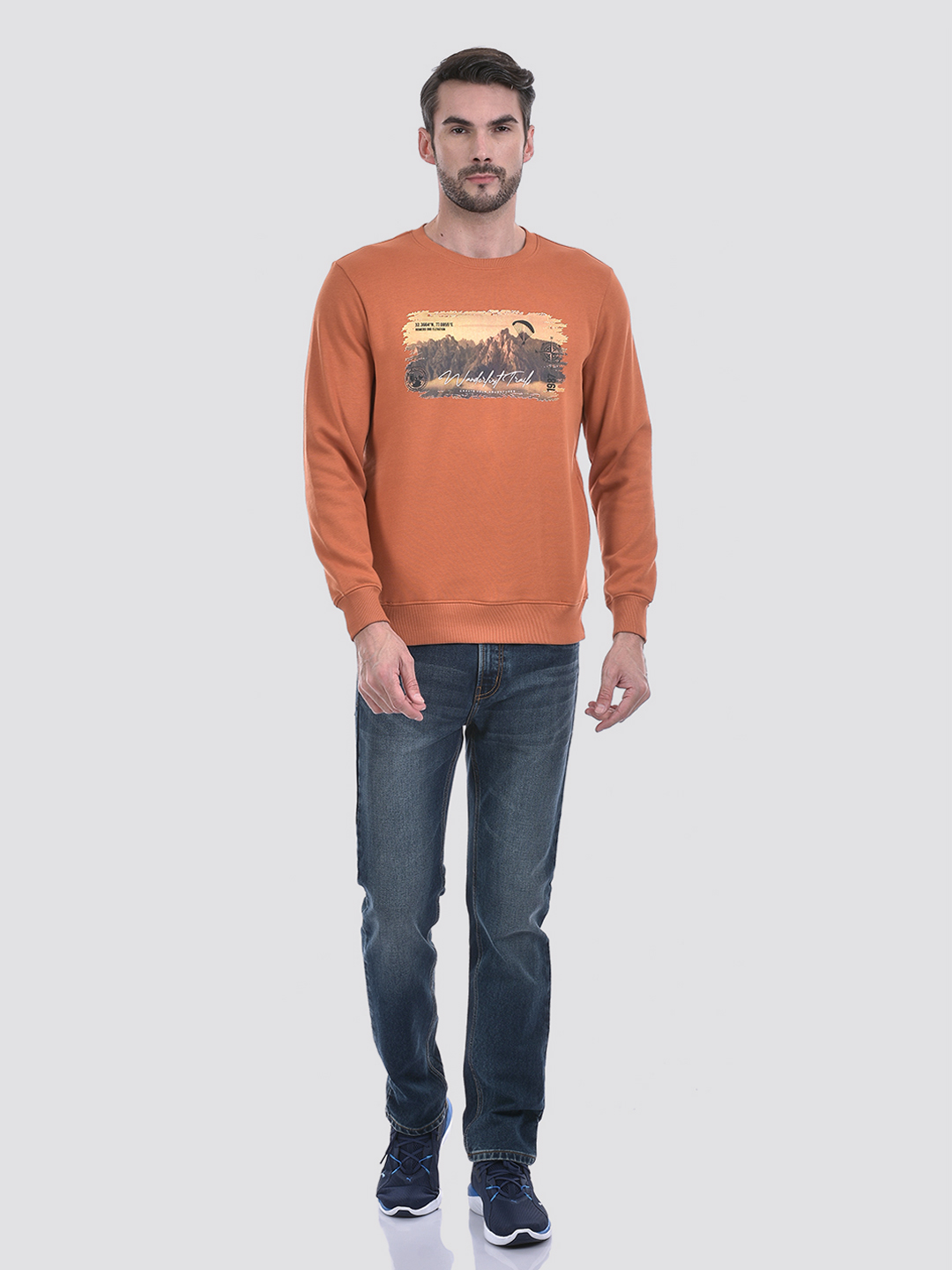 Numero Uno Men Orange Printed Round Neck Brushed Fleece Sweatshirt